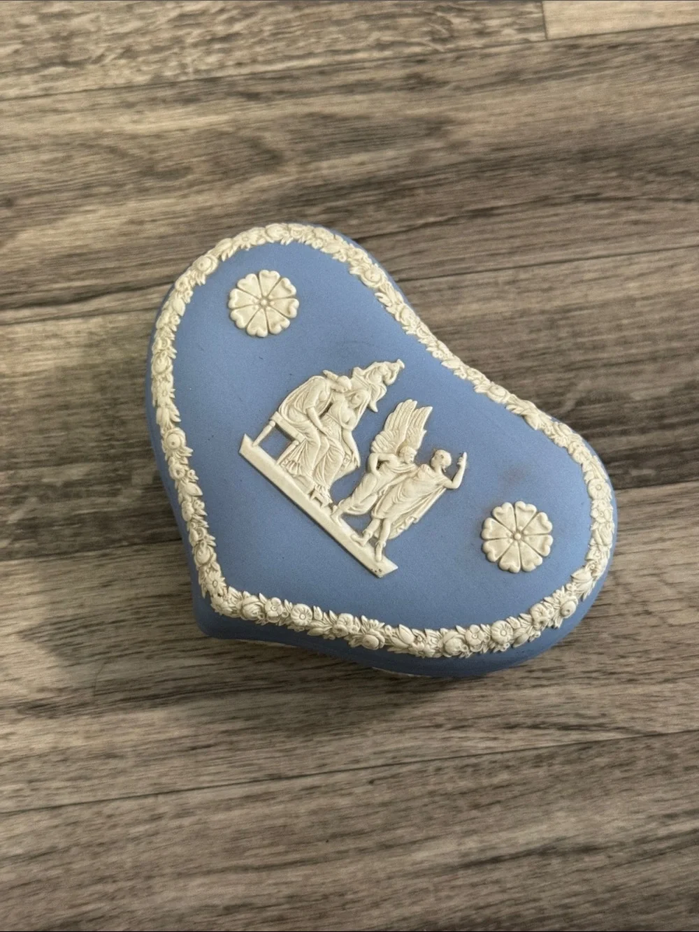 Vintage Wedgwood pale blue Jasperware heart shaped trinket box